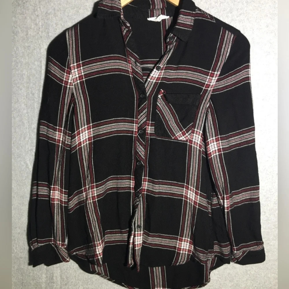 Womens Beachlunchlounge Button Up Shirt Plaid Black Red Fall Winter Casual